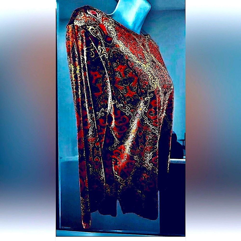 🍁CLIO🍁 VTG VELETY VELOUR PAISLEY BOATNECK LONG SLEEVE SIDE SLIT BLOUSE TOP NWT⚜️